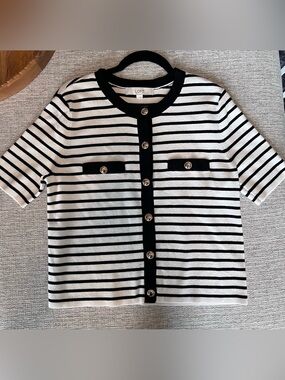 NWOT- LOFT Black & White Striped Short-Sleeve Button Cardigan